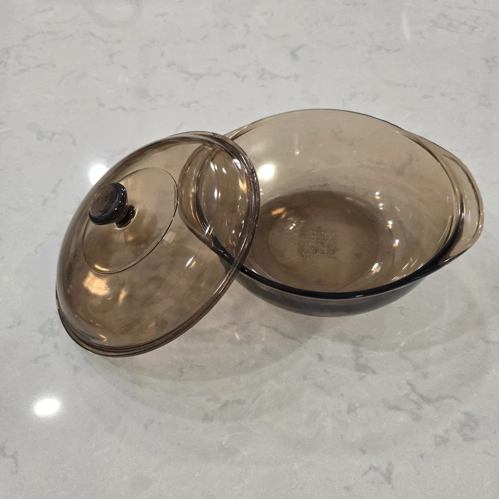 Pyrex Fireside Smoked Glass Casserole Dish with Lid 1.5L Round 623-B Vintage